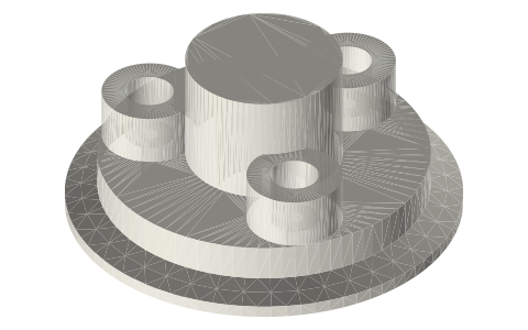 3 in end caps with a bored 608 bearing boss: shaft-seal version and blind version with three 1/4 NPT bosses, isometric render of a generated part