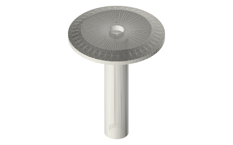 Tri-clamp bearing cap: 2 in cap with a long Ø3 shaft bore and two 623 seats, isometric render of a generated part