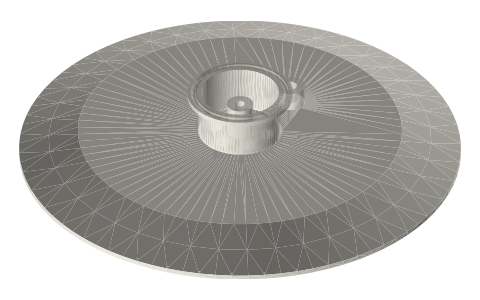 10 in tri-clamp end cap with a 2 in ferrule at the centre, isometric render of a generated part