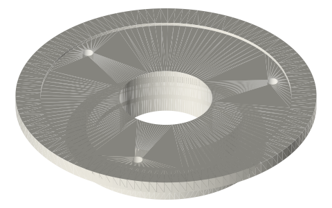 Tri-clamp end cap with Ø60, Ø80 and Ø100 flexure-spring seats, isometric render of a generated part