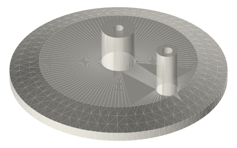 Tri-clamp end cap with a Ø3 rod bore and 4 mm hose barb, 1.5, 2 and 3 in, isometric render of a generated part