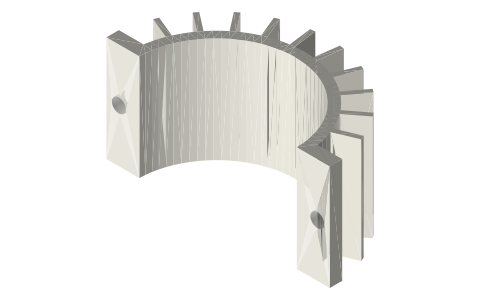 Tri-clamp heat sink for 2 in tube, 34 mm, fins to Ø72, isometric render of a generated part