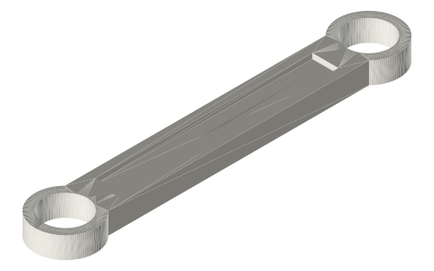 Tri-clamp con-rod: 58, 70 and 95 mm centres with 623 pockets, isometric render of a generated part