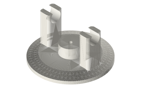 Tri-clamp crank head: ISO 2852 cap with Ø3 rod bore and two 623 towers, 1.5, 2 and 3 in, isometric render of a generated part