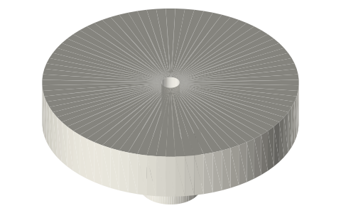 Crankcase flywheels: Ø44 × 12 disc and Ø42 pocket flywheel on a Ø3 shaft, inside a 2 in tri-clamp fitting, isometric render of a generated part