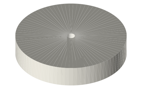 Small flywheels Ø44 × 12 and Ø42 pocket on a Ø3 shaft, isometric render of a generated part