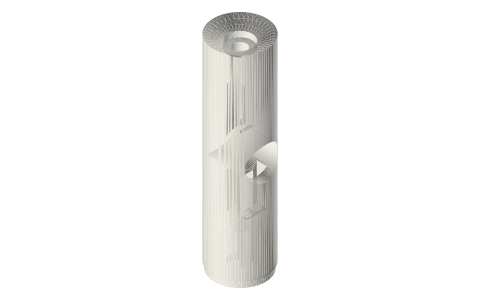 Crankcase insert for a 2 in tri-clamp cross: displacer-rod guide, crank chamber and run filler, isometric render of a generated part