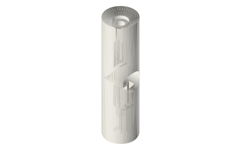 2 in tri-clamp cross insert with a rod guide and shaft chamber, isometric render of a generated part