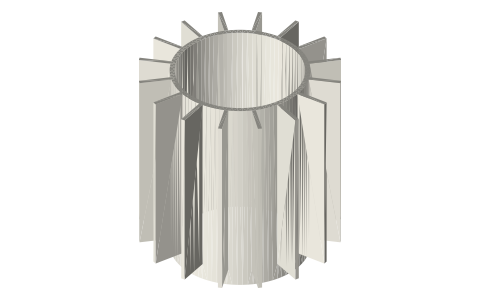Tri-clamp heat sink: radial fin sleeve for a 2 in closed-end cup, isometric render of a generated part