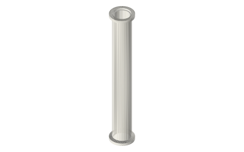 Tri-clamp spools to a custom length (fabrication spec): 2 in × 340.7 and 310.7 mm, ¾ in × 146.7 and 80.4 mm, isometric render of a generated part