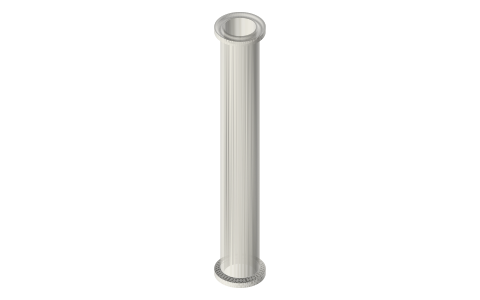 Tri-clamp spools to a custom length (fabrication spec): 2 in × 340.7 and 310.7 mm, ¾ in × 146.7 and 80.4 mm, isometric render of a generated part