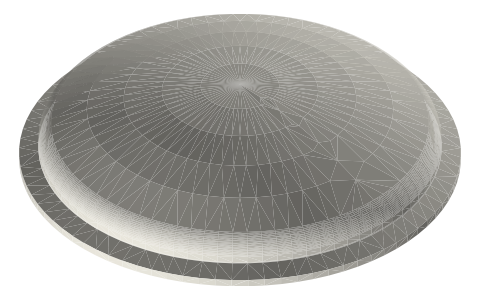 Tri-clamp dome lids: 1½ to 12 in, plain or with a port at the crown, isometric render of a generated part