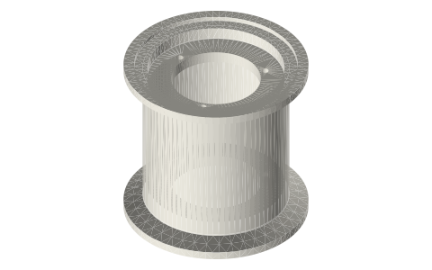 Tri-clamp flexure carrier: clamp-in 2 in, two Ø40 flexure stacks, isometric render of a generated part