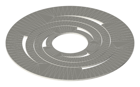Tri-clamp flexure leaf: spiral planar spring clamped in a 2 in joint like a gasket, isometric render of a generated part