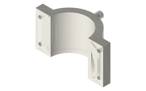 Clamp-on flow water jacket for 2 in tube (two halves, hose spigots), isometric render of a generated part