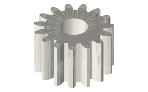 Step-up gears for a generator inside a 2 in tri-clamp cross: 42 : 15, module 1, isometric render of a generated part