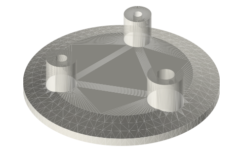 Tri-clamp instrument cap with Ø6, Ø4 and Ø3 probe ports, 1.5, 2 and 3 in, isometric render of a generated part