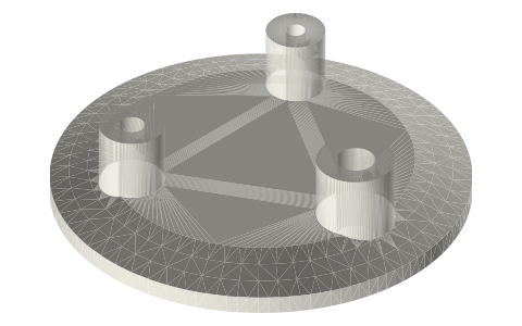 Tri-clamp instrument head: ISO 2852 cap with Ø6, Ø3 and Ø4 probe ports, 1.5, 2 and 3 in, isometric render of a generated part