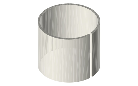 Mesh cage for 1.5 and 2 in tri-clamp spools (Ø34.8 and Ø47.5), isometric render of a generated part