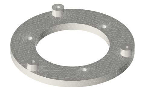 Open frame for a 2 in tri-clamp ferrule: base, flexure seats, clamp rings, Ø66 sleeve and top plate, isometric render of a generated part
