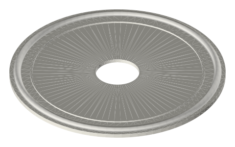 Tri-clamp orifice-plate gaskets: 1½ to 4 in, holes at 25, 50 and 75 % of the bore, isometric render of a generated part