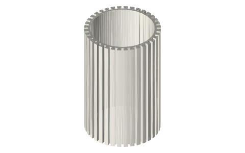 Slotted fin inserts for a 2 in tri-clamp bore (heater and cooler sleeves), isometric render of a generated part