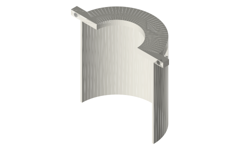 Split burner shroud for a vertical 2 in tri-clamp hot end, isometric render of a generated part