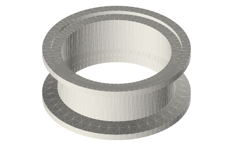 Tri-clamp thermal-break spacer, 2 in × 25.4 mm: an insulating section with its own two clamp faces, isometric render of a generated part