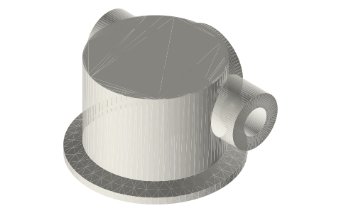 2 in end cap with a 1/2 NPT transfer boss, two 1/4 NPT bosses and a spigot (transfer cap), isometric render of a generated part