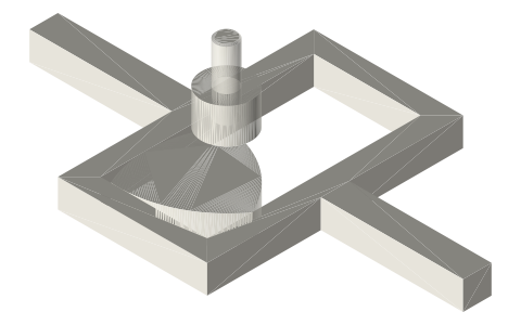Triangular eccentric: curved triangle turning in a yoke (motion with dwells), isometric render of a generated part
