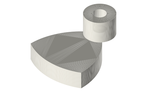 Triangular eccentric: curved (Reuleaux) triangle of width 30, pivoted at a corner, isometric render of a generated part