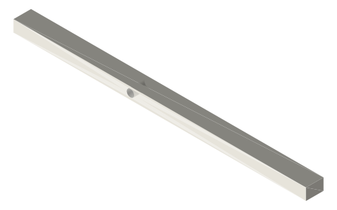 Trip-hammer helve 200 × 12 × 8, Ø5 pivot 80 mm from the tail, isometric render of a generated part
