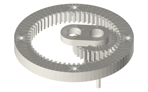 Tusi couple: straight line from a gear rolling inside a ring twice its size, isometric render of a generated part