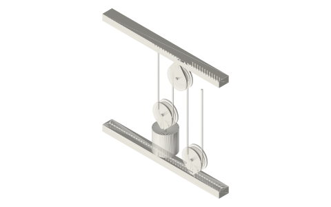 Two fixed pulleys and one movable pulley (2 : 1, pull upward), isometric render of a generated part