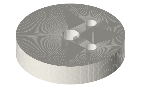 Two-pin crank disc, pins 90° apart, 6, 8 and 10 mm throw, isometric render of a generated part