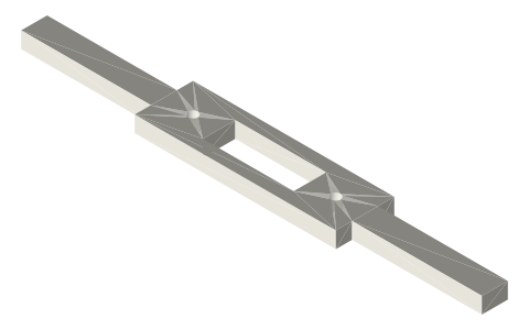 Two-roller cam yoke, roller pins 44 mm apart, 8 × 8 rods, isometric render of a generated part
