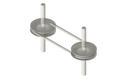 V-groove pulleys and round band, 1 : 1, isometric render of a generated part