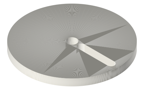 Variable-crank disc Ø80 × 6 with a 6 mm radial slot (R8 → R34), isometric render of a generated part