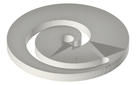 Variable-crank disc Ø80 × 6 with a 6 mm Archimedean spiral slot (R8 → R34 in one turn), isometric render of a generated part