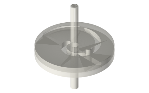 Variable crank: a spiral-slotted plate moves the pin along a radial slot, isometric render of a generated part