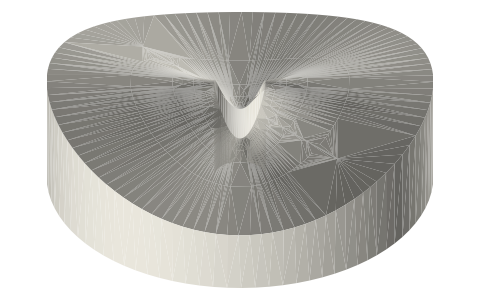 Waved-face wheel Ø60, top face z = 14 + 4 sin 2θ, Ø8 bore, isometric render of a generated part