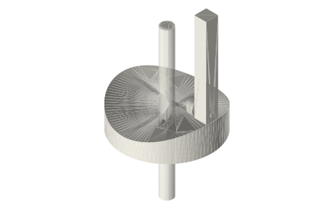 Waved wheel on an upright shaft lifting and lowering a bar, isometric render of a generated part