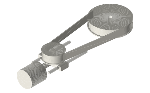 Weighted belt tightener: pulley on a slide pulled by a hanging weight, isometric render of a generated part