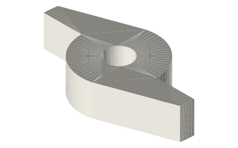 Two-lobed wiper cam, base R12, tip R24, 10 thick, Ø8 bore, isometric render of a generated part