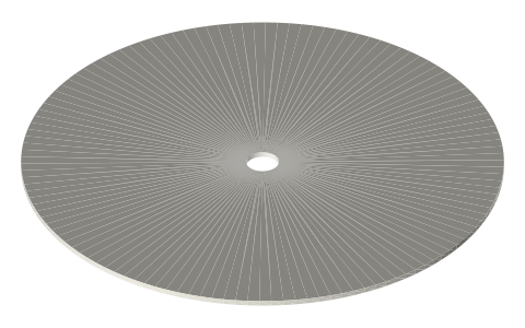 Wire mesh discs Ø44 / Ø32 × 0.5 mm, mesh #40 to #200, isometric render of a generated part